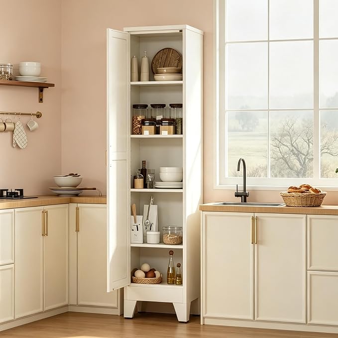67" H Broom Closet Storage Cabinet,Metal Cleaning Cabinet,Narrow Storage Cabinets with 4 Adjustable Shelves,Slim Tall Floor Cabinet