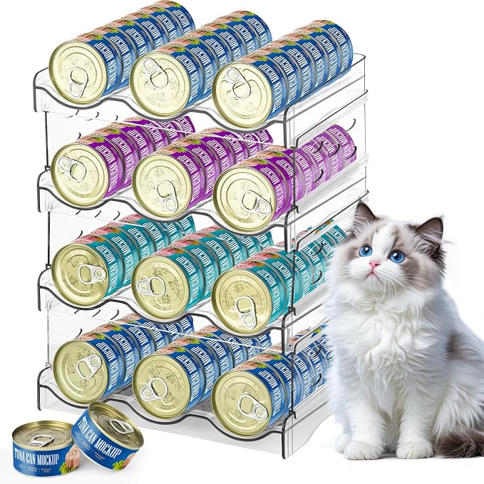 REFLYING Cat Food Can Organizer 4-Tier Holds 72 Cans Acrylic | Clear acrylic 4-tier cat food can organizer,Holds 72 cans 3oz-12.5oz,Stackable pantry storage for multi-cat households