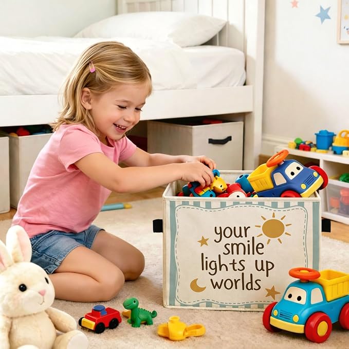 Smile Quote Storage Bin, Foldable Fabric Basket for Kids Room Classroom | Foldable fabric storage bin with smile quote design for toys, books, clothes, nursery, classroom, and playroom use.