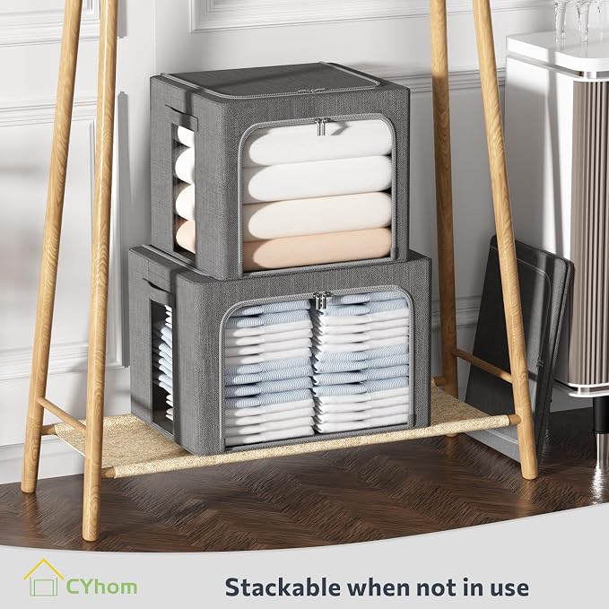 CYhom 3Pack Foldable Storage Bins - Frame Storage Box Linen Fabric Stackable Clothes Container Organizer with Clear Window & Carry Handles Large Capacity (Extra Large-100L, Dark Gray)