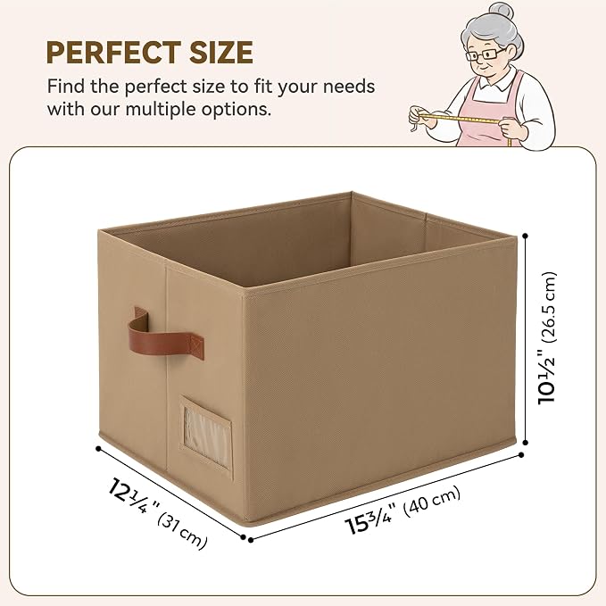 GRANNY SAYS Closet Storage Bins with Label, Brown, Large, 3-Pack | Fabric Storage Bins with PU Handles, Closet Organizers and Storage Bins, Decorative Storage Boxes for Clothes