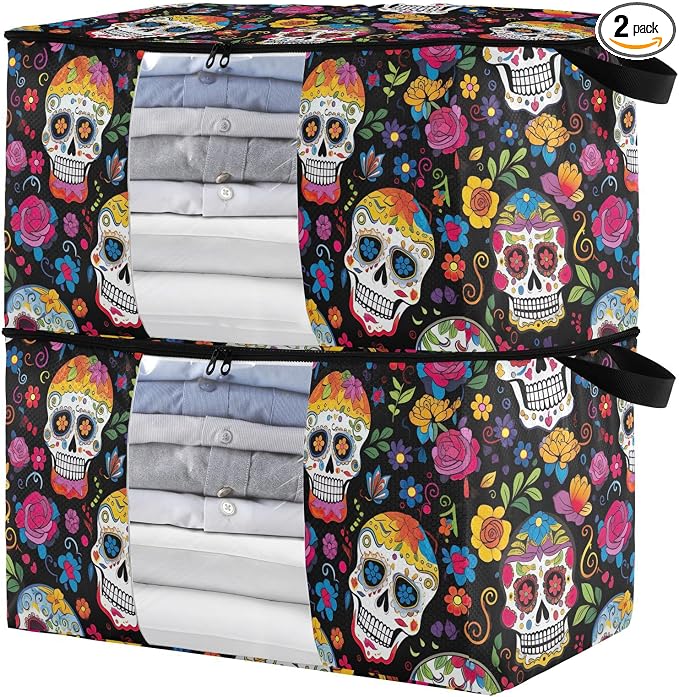 Day Of The Dead Skull Flower Clothes Storage Bag Bins 2 Pack Foldable Storage Containers Large Closet Organizer with Zipper Quilt Bag for Bed Sheets Comforters Clothing 95L