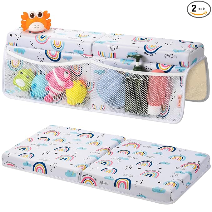 Bath Kneeler and Elbow Rest Pad Set, 1.5” Thick Bathtub Kneeling Mat | Cozy Memory Foam, Non-Slip 6 Suction Cups and 4 Toys Organizer Pockets, Quick-Dry Bath Kneeling Pad for Babies Toddlers