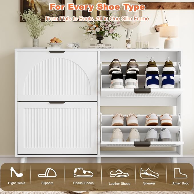 Shoe Storage Cabinet with 2 Flip Drawers, Narrow Wood Shoe Organizer Cabinet, Slim Freestanding Fluted Shoe Cabinet for Entryway, Living Room, Hallway (White, 4-Drawers)