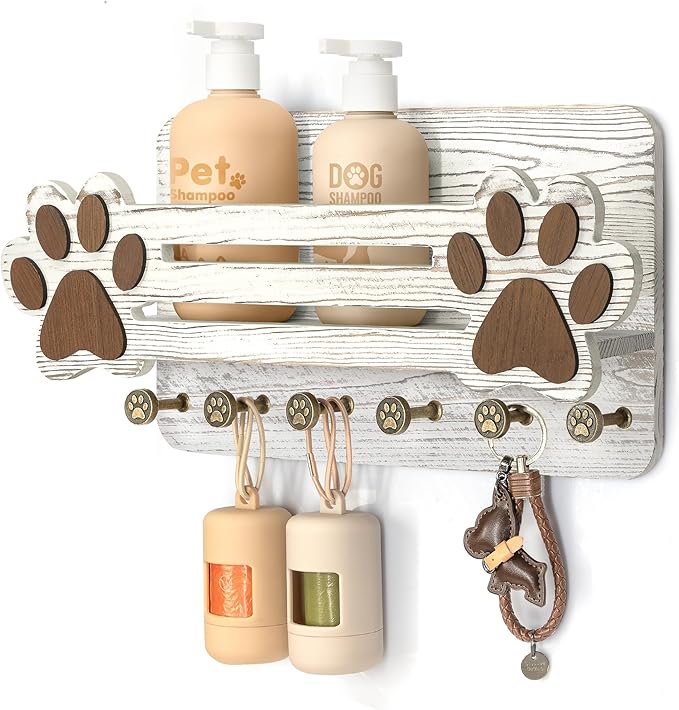 MTERSN Dog Leash Holder for Wall with Wall Shelf for Dog Lover, White | 3D Paw-print Design, Mail Holder for Wall with 6 Hooks for Dog Leash & Sunglasses, Put Dog Food Container, Rustic Home Decor