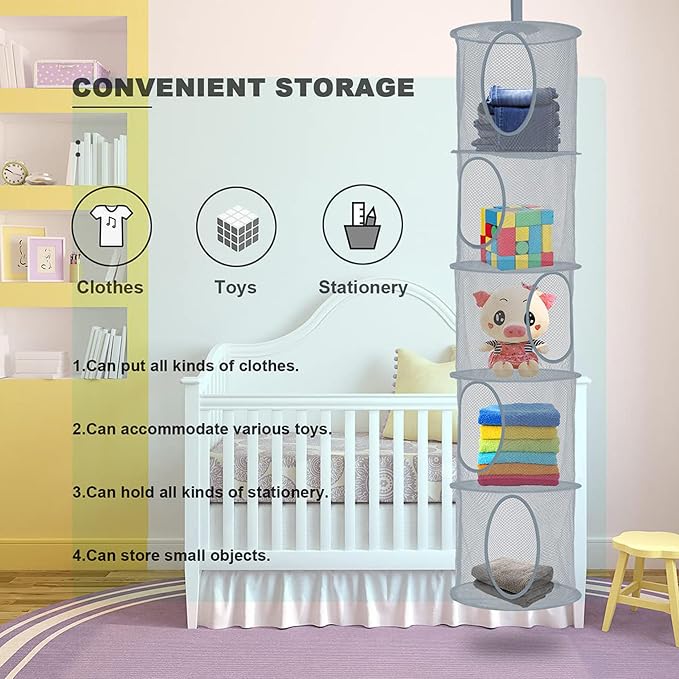 3Pcs Hanging Stuffed Animal Storage Hammock Net 5 Tiers, Grey | Hanging Mesh Storage Organizer for Kids Room, Holds Plushies, Gloves, Hats, Socks, Foldable Space-saving Design