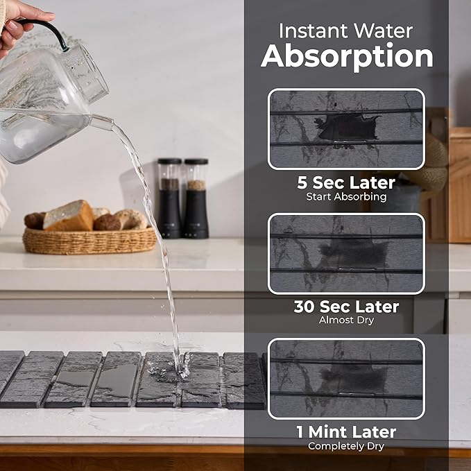 Drying Matt Kitchen Counter,Large Stone Dish Drying Mat for Kitchen Counter,Foldable Water Absorbing Diatomaceous Earth Drying Organizer Pad for Kitchen Utensils(Dark Gray 24"×16" & 8"x4")