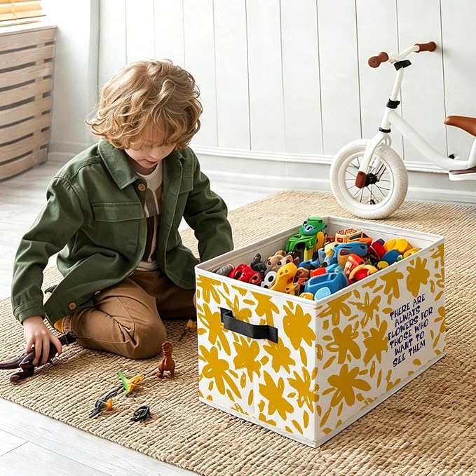 Boho Yellow Floral Inspirational Foldable Storage Bins Box with Handles, There Are Always Flowers Motivational Decorative Storage Boxes Baskets Organizer for Kids Room Bedroom Classroom