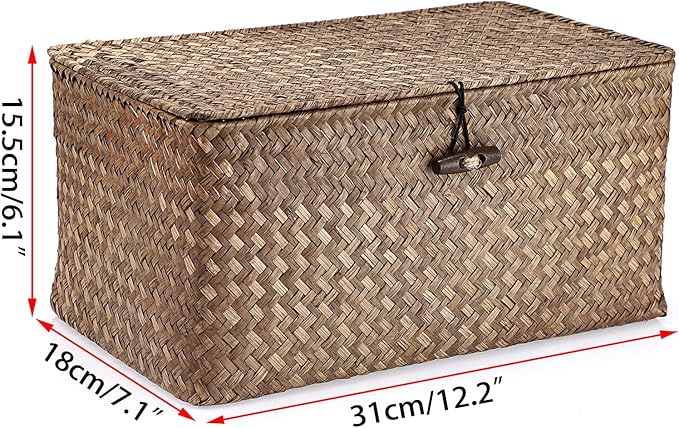 Hipiwe Wicker Shelf Baskets Storage Bin with Lid Handwoven Seagrass Basket | Rectangular Household Basket Boxes for Shelf Wardrobe Home Organizer, Coffee Medium