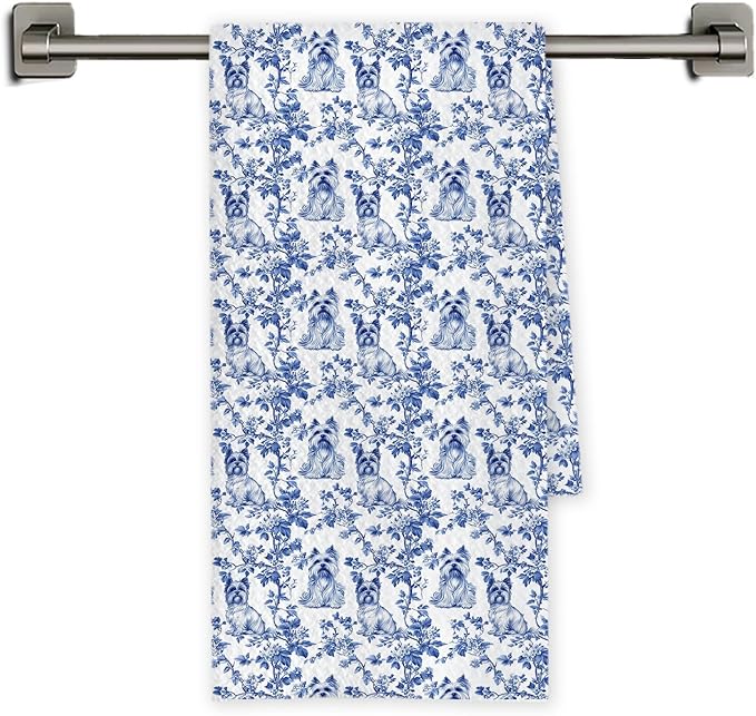 Chicimln Chinoiserie Yorkshire Terrier Kitchen Towels, Gifts for Yorkie Lovers Decorative Hand Towels for Bathroom, Blue and White Dog Dish Tea Towel Drying Cloth for Kitchen Decor, 16x24 Inch