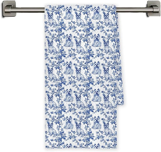 Chicimln Chinoiserie Yorkshire Terrier Kitchen Towels, Gifts for Yorkie Lovers Decorative Hand Towels for Bathroom, Blue and White Dog Dish Tea Towel Drying Cloth for Kitchen Decor, 16x24 Inch