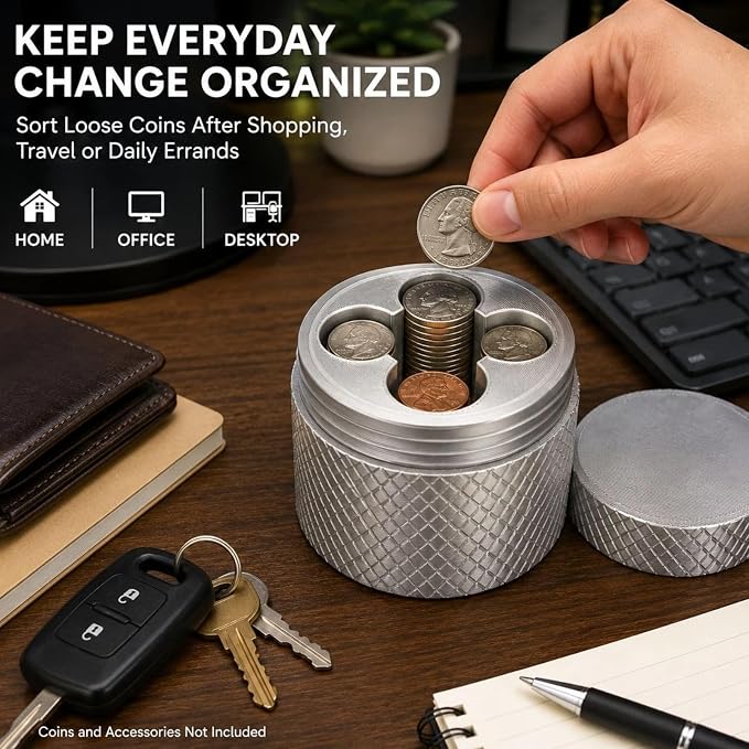 Precision USD Coin Holder and Change Organizer for Car & Desk – Sleek Metallic Silver Storage Dispenser for Quarters, Nickels, Dimes, and Pennies, Compact Travel EDC Hardware
