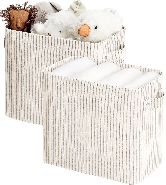 StorageWorks Narrow Storage Bins, Tall Storage Basket, 2-Pack | Khaki and Beige Stripes, Reinforced Handles, Sturdy Structure, For Bathroom, Closet, Shelf, Storage Makeup, Socks, Underwear