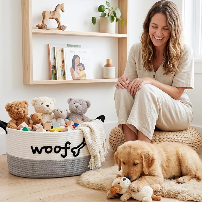 Zhehao Dog Woven Toy Basket with Handles, 19 x 11 x 9 in, White Gray | Cotton Rope Dog Toy Storage Bin, Pet Basket with Woof Bone Embroidery, for Puppy Bone & Blankets