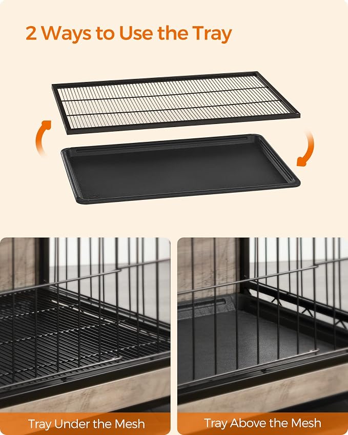 Feandrea 44.1" Dog Crate Furniture, Indoor Dog Cage Side End Table, XL Pet Wood Kennel for Large and Medium Dogs up to 80 lb with Multi-Purpose Removable Tray, Double-Door Pet House, Greige