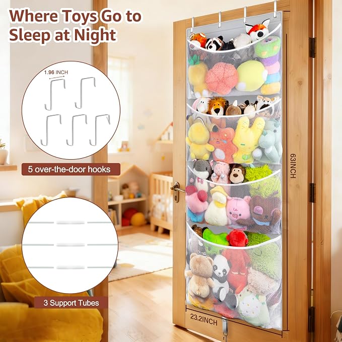 Over Door Stuffed Animal Storage, Hanging Plush Toy Organizer Holder | Behind Door Organizer with 4 Large Pockets, Mesh Hammock Bag for Doll & Bear Stuffies, Idea for Girl Boy Kid Nursery Closet