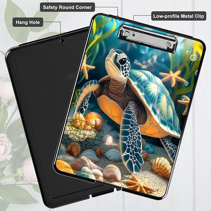 Heavy Duty Storage Clipboard, Slim Nursing Clipboard with Internal Pen Case, Portable File Organizer Case for A4 Letter Size Paper Office Medical Professionals, Sea Turtle Seaweed