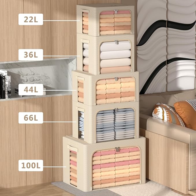 CYhom 3Pack Frame Storage Box - Clothes Storage Bin Bags Oxford Fabric Foldable Stackable Container Organizer Set with Clear Window & Carry Handles (Beige, X-Small-36L)