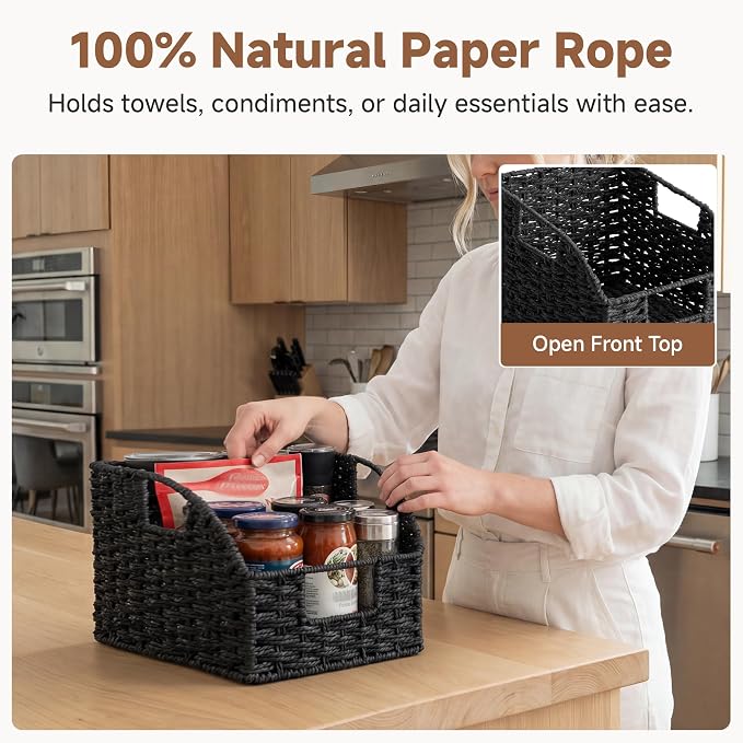 StorageWorks Pantry Organizers and Storage, Black Wicker Baskets, 2-Pack | Paper Rope Wicker Baskets with Handles, Handwoven Pantry Baskets for Shelves,Wicker Storage Baskets for Shelves,Black Baskets