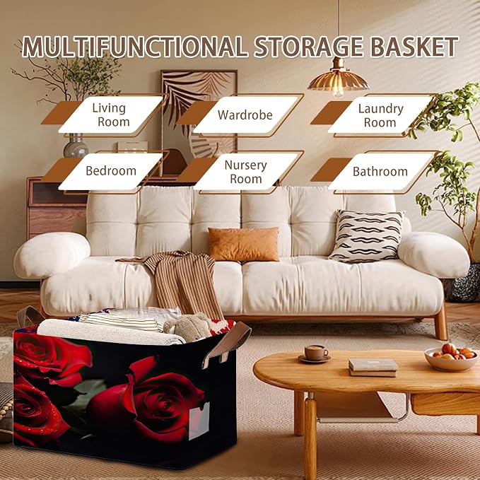 Romantic Rose Storage Basket Large 17x11.5x10.5 Inche-Collapsible Fabric Organizer Bin with Handles for Bedroom,Wedding Decor,Farmhouse-Foldable Decorative Hamper with Blossom Floral Design-1 Pack