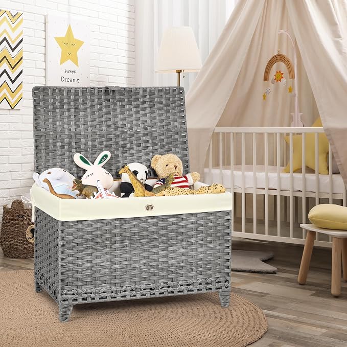 Wicker Storage Basket with Lid, 200L Storage Bin with Removable Liner Bag | Rattan-Inspired Shelf Basket Design, Storage Trunk with Heightened Feet, Wardrobe Storage Container & Home Organizer