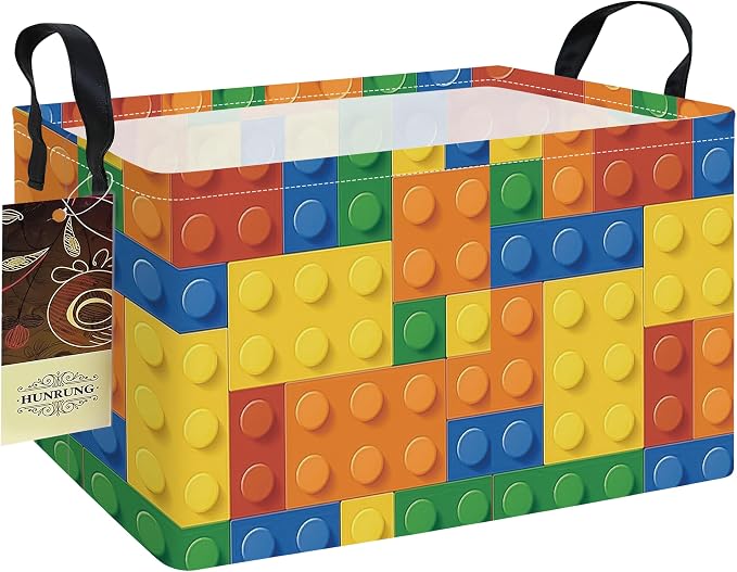 Rectangle Foldable Storage Basket Handles For Home, Colorful Blocks | Waterproof canvas material, reinforced handles, perfect for shelf use, organizes clothes, daily items and pet supplies