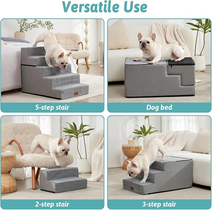 COZY KISS Dog Stairs for Small Dogs, 5 Step Pet Stairs for Beds & Couches | 23.6" Extra Wide Non-Slip Dog Steps with Removable Tiers & Support Board for Puppies, Older Cats & Dogs, Grey