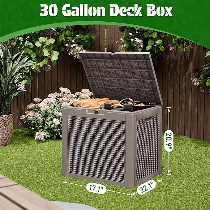 30 Gallon Outdoor Storage Box Waterproof Deck Box for Patio | Gray, Resin, Small, Weatherproof, Lockable, Compact, Easy Assembly, Patio Pool Garden Accessories Storage, Organization