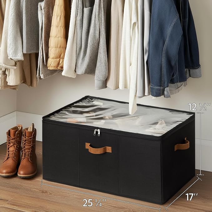 StorageWorks 24-Pair Large Shoe Organizer Box, Adjustable Dividers, Black | Holds up to 24 Pairs, Foldable, Clear Lid, Reinforced Handles, Fits Sneakers, Boots & Heels, For Living Room, Entryway