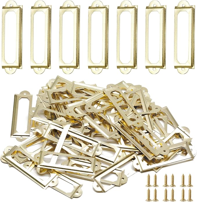 50 PCS Metal Label Holders 60x17mm Gold with Screws | Iron Gold-Plated Rust-Proof, 60x17mm Fits 44x10mm Label, Screws Included, For Cabinet Drawer File Box