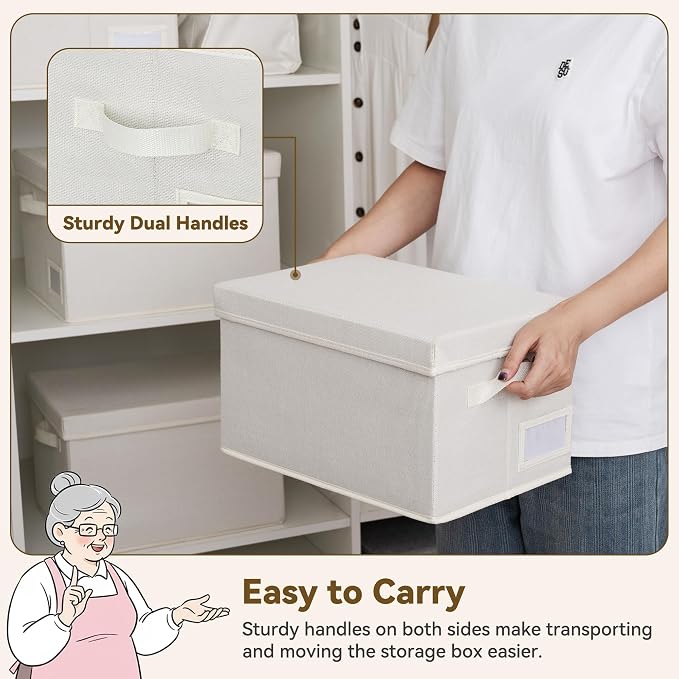 GRANNY SAYS Storage Bins with Lids, Decorative Storage Boxes with Lids | Storage Box with Dust Cover, Handles & Lable, Collapsible, Ideal for Closet Clothes Blanket Toys, Medium, Ivory, 3-Pack