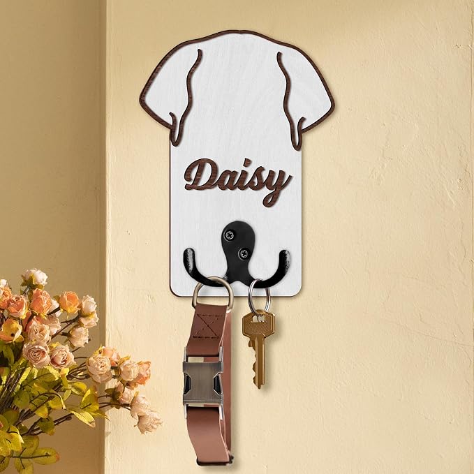 Personalized Dog Leash Holder, Custom Dog Ear Harness Wall Hanger Organizer with Name, Decorative Hooks for Leashes, Keys, Collars, Leash Rack Wall Mount for Entryway, Hallway, Gift for Pet Lovers