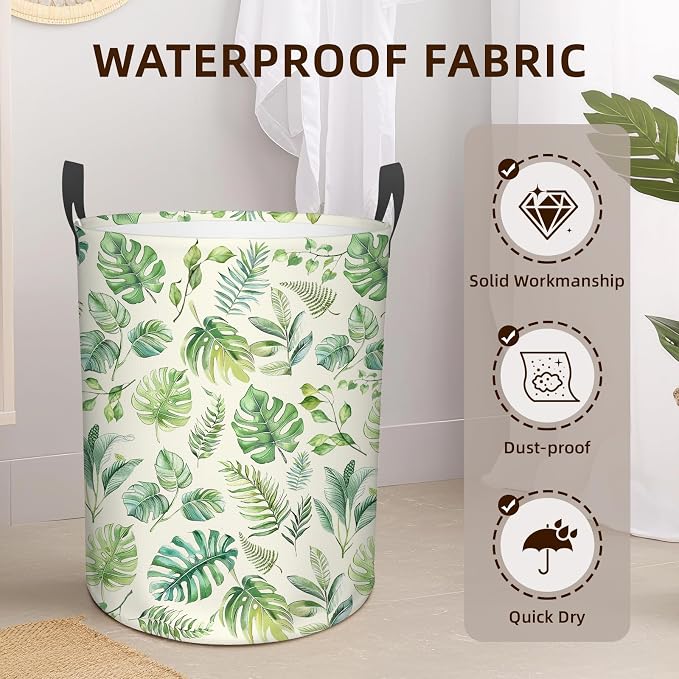 Green Laundry Hamper Boys Baby, Collapsible Nursery Laundry Basket for Bedroom, Round Waterproof Storage Bin with Handles for Toys, Storage Basket for Bathroom, Nursery Room Decor, 13.8x17.7in