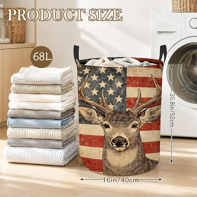 Retro Deer Laundry Hamper, American Flag Laundry Baskets, Waterproof Oxford Cloth for Room/Bathroom/Bedroom/Dormitories 16x20.8 Inch
