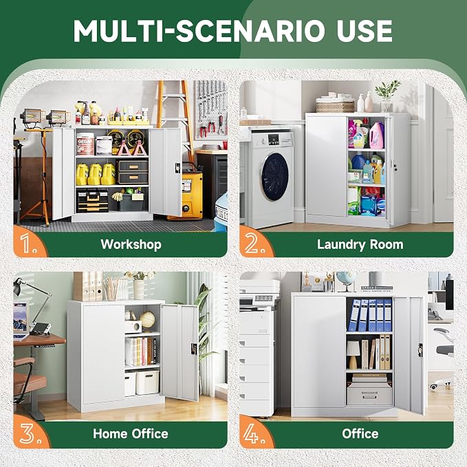 Metal Storage Cabinets with Lock Door,2 Adjustable Shelves Organizer Steel Storage Cabinets for Home,Office,Warehouse,Garage,Employee Lockers(White)