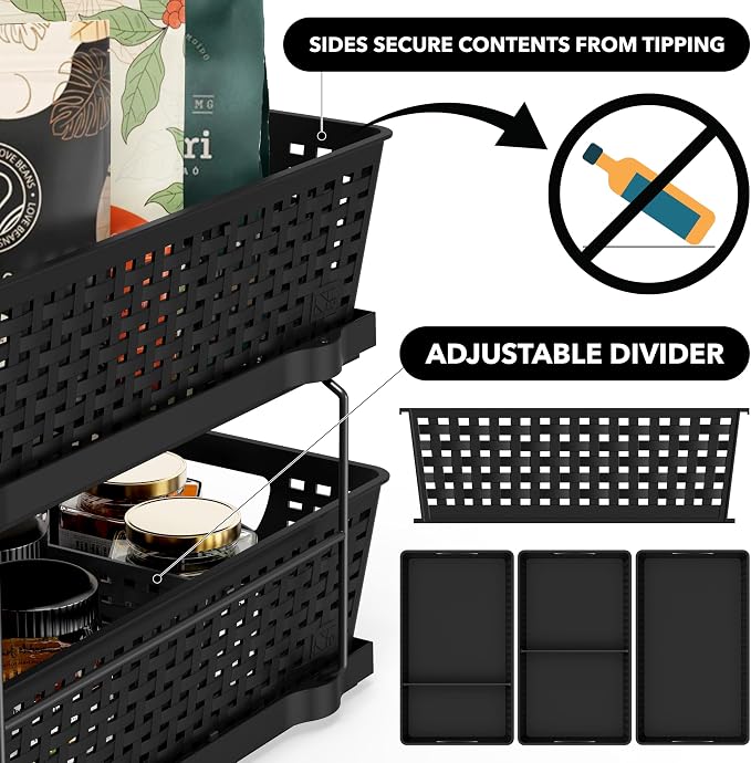 Simple Houseware 2 Tier Pull-Out Sliding Drawer Under Sink Storage, Black | Great for Kitchen Bathroom Tray Shelf Organizer