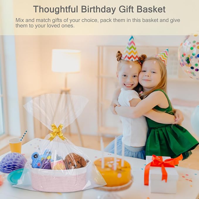 Small Empty Gift Basket with Bag & Ribbons, White & Dusty Pink | 12“x8”x5”, Cotton Rope Woven Basket for Birthdays, Baby Showers, Mother's Day, Christmas; Stores Small Items, Kids & Pet Toys