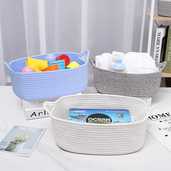 ABenkle Small Storage Basket with Handles, Cotton Rope Woven Dog Cat Toy Bin, Decorative Shelves Closet Organizing for Nursery Laundry Bedroom Bathroom, 14.2''x 11''x 5.1''