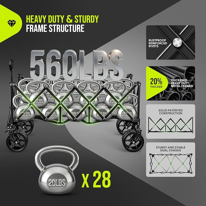 48'' Extra Large Collapsible Wagon with Big Wheels, 300L Black | 560LBS Heavy Duty, Wagons Carts Foldable, All-Terrain, Brakes, Folding Cart, Utility for Beach/Camping/Garden/Sports/Grocery
