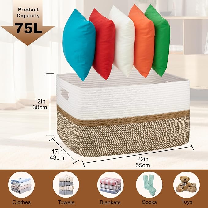 OIAHOMY Blanket Basket Laundry Basket Dog Toy Basket 75L Yellow/White | Large Storage Basket,Baby Basket,Toy Storage,Woven Rope Basket for Blankets,Blanket Storage for Living Room