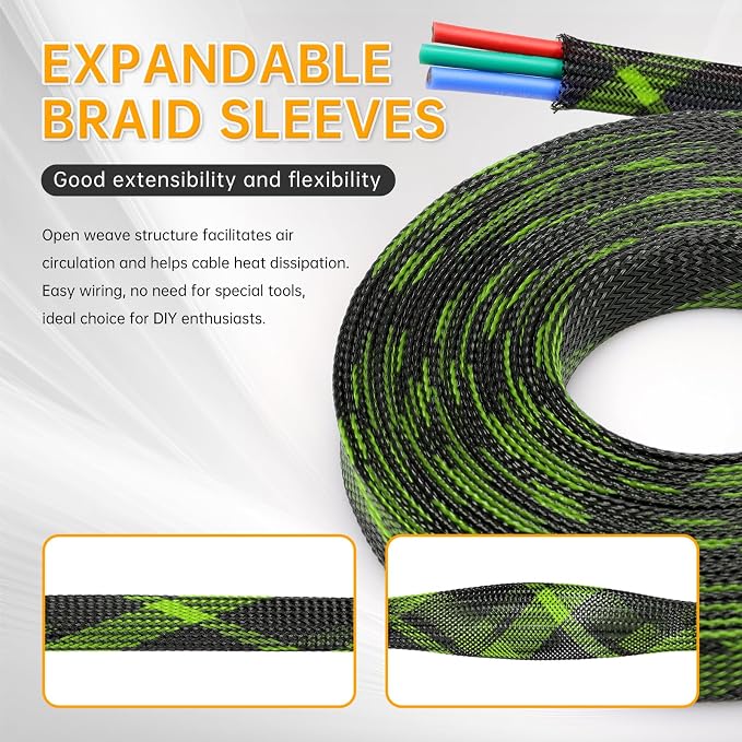 Braided Cable Sleeve, 33ft Expandable Wire Loom for Automotive Wiring Harness & PC Case, Pet-Proof Chew Resistant Cord Protector, Flexible Cable Management (Black-UV Yellow, 16mm (5/8"))