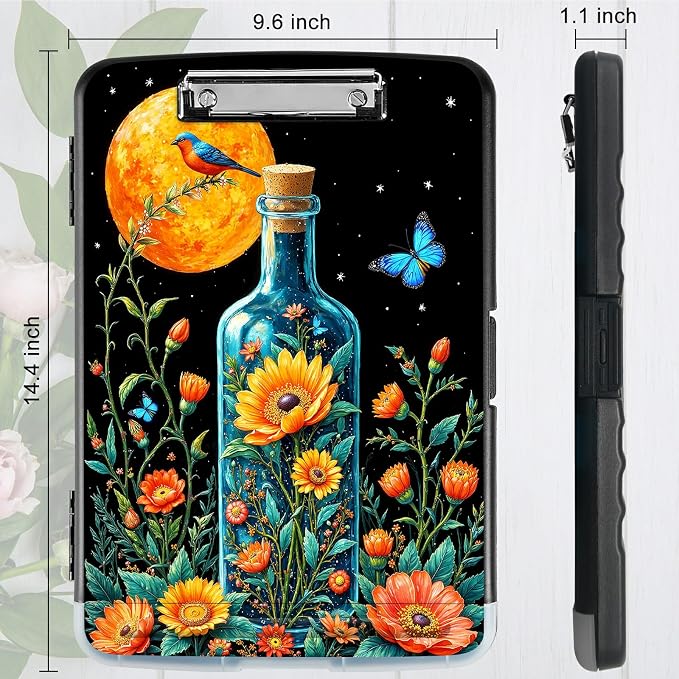 A4 Clipboard with Storage Pen Holder, Clipboards Organizer Nursing Clipboard Foldable File Folder Plastic Clipboard Folio Clip Board for Office Classroom Doctor, Drift Bottle Flowers Birds