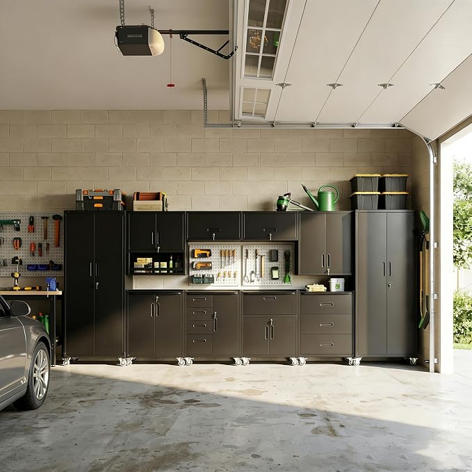 10-Piece Heavy Duty Steel Garage Cabinet System | All-in-One Modular Garage Cabinet Set for Ultimate Workshop Organization | Easy Assembly Garage Storage Cabinets & Tool Bench (Black)