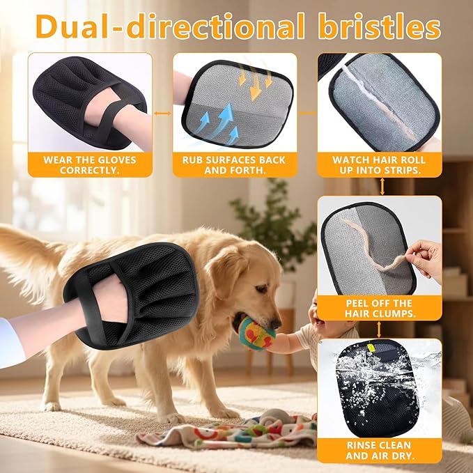 2 Pack Electrostatic Pet Hair Removal Gloves - Upgraded Reusable & Washable Pet Hair Remover Gloves for Cats & Dogs, Thickened Magic Brush Tool for Couch, Carpet, Furniture, Clothing & Car Seat