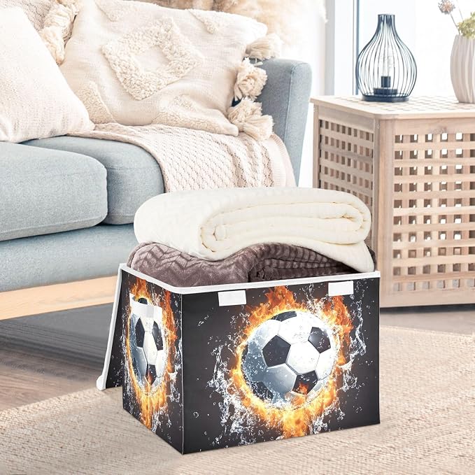 Soccer Fire Storage Bins with Lid Foldable Storage Boxes 40L Baskets | Decorative Storage Boxes, Dust-Proof Flip Top, Reinforced Handles, For Home & Bedroom, Clothes & Toy Box, Oxford Fabric Print