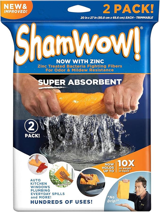 ShamWow 2-Pack (20"x27") -Shammy Super Absorbent Multi-Purpose Home Cleaning, Chamois Towel for Cars, Lint-Free, Streak-Free & Scratch-Free, Holds 10x Its Weight, Machine Washable, Orange