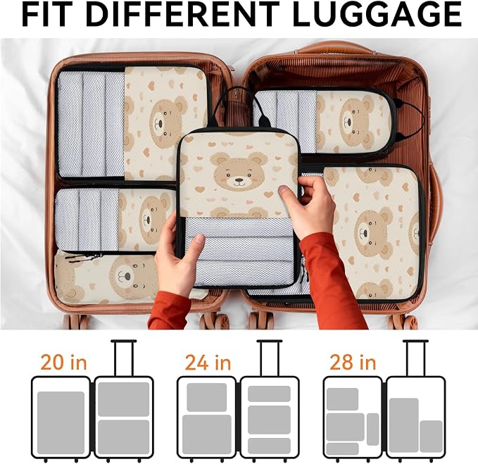 Bear Compression Packing Cubes Cute Bear 6 Set Travel Packing Cubes for Suitcases Lightweight Expandable Organizers