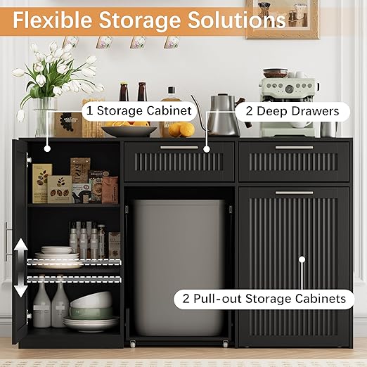 2 X 13 Gallons Double Pull Out Trash Can Cabinet with Storage, Black | 54"W Fluted Kitchen Trash Cabinet with Adjustable Shelf & Drawers, Hidden Pet Proof Trash Can Holder for Laundry Living Room