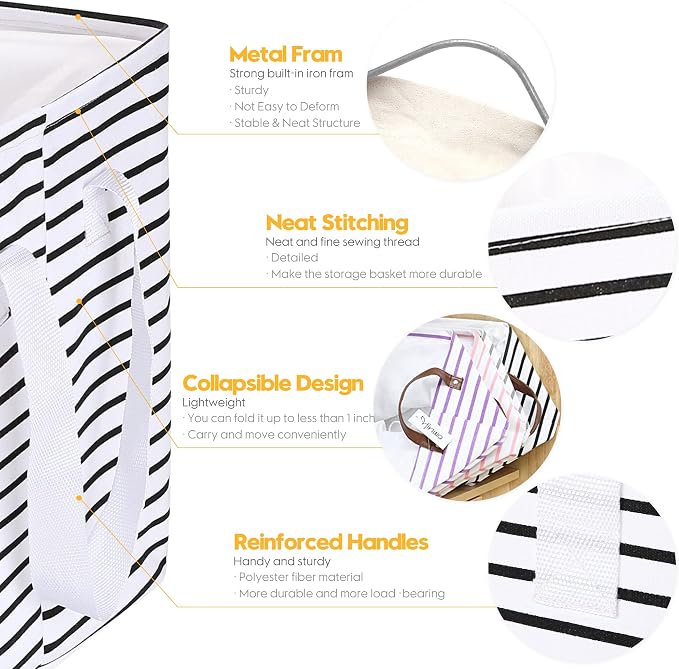 Hinwo 102L XXL Canvas Storage Bin with Lid and Handles, 4-Pack | Collapsible Fabric Baskets, Closet Shelf Organizers, Containers for Clothing, Blankets, Toys, Bedding (Black Stripe)
