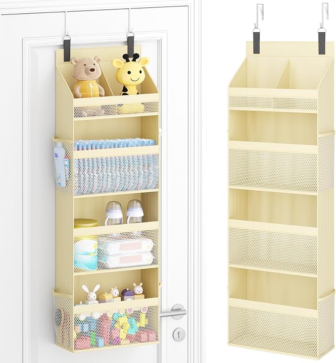 Lifewit 4 Tier Over the Door Organizer, Diaper Hanging Storage, Beige | Nursery Sturdy Large Heavy Duty Back of Door Shelf with 4 Mesh Side Pockets, for Baby Stuff Toy in Pantry, Laundry, Bathroom